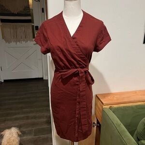 100% Linen Rust Wrap Mini Dress